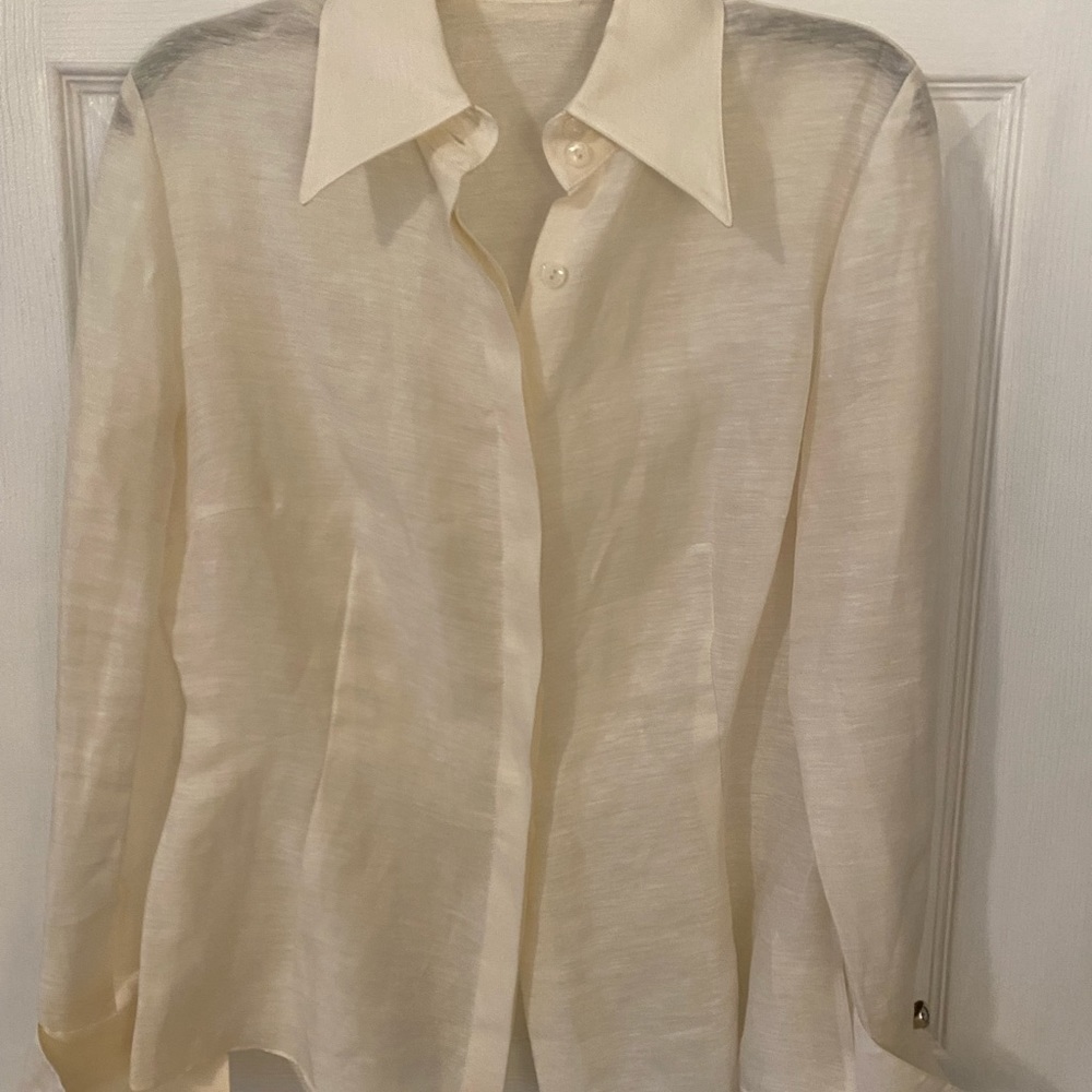 Women’s Sheer Ivory Tailored Linen/Silk Dress Blouse Size 10